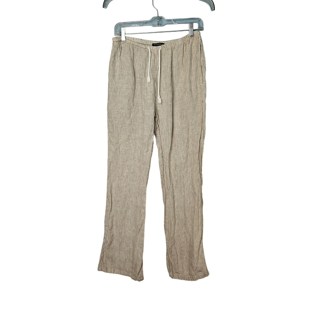 Brandy Melville Anastasia Beige White Pinstripe Wide Leg Linen Drawstring Pants